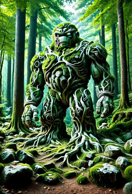 score_9,score_8_up,score_7_up, PG-TR, This is a vibrant, fantasy illustration of a large, golem-like figure that appears to be made of stones and rocks, partly overgrown with lush green foliage. The figure stands in a forested environment, with trees and plants surrounding it, and in the background, ruins or other stone structures are visible. The sky above is clear blue with some white clouds, indicating a sunny day.
The colossus itself is impressively large, with a broad posture and thick, robust limbs. Its body is a mix of gray and brown stones, some smoother than others, with cracks and moss growth emphasizing its age and natural integration. The most striking feature is the dense layer of bright green leaves covering large parts of its torso, shoulders, and upper legs, as if it has become part of the forest itself.
The colossus's face is somewhat human-like, with a stylized, flat nose and indentations suggesting eyes, all formed from stone. The overall atmosphere of the image is one of wonder and mystery, fitting for a fantasy world. <lora:Treeroots_0_90_multi2_Handprocessed_V2:1>