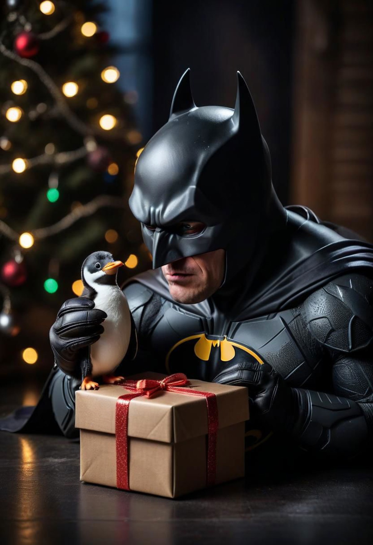 (sad crying batman unwrapping a small open gift box with a penguin inside, penguin gift:1.2), RAW photo, Christmas lights,...