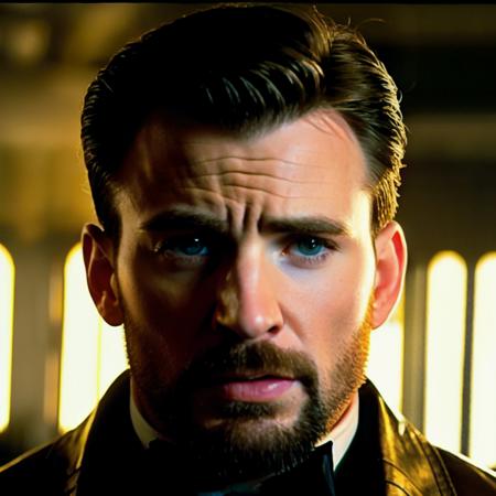 RAW face closeup portrait of chrisevans person wearing a tuxedo, professional photography, in blade runner, high resolution, 4k, 50mm, vaporwave, photo by Brooke Shaden, close portrait  <lora:chrisevans_6150:1>