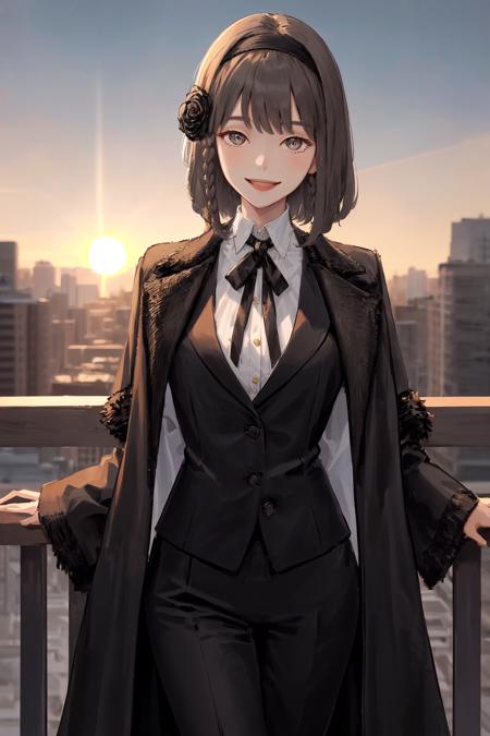 masterpiece, best quality, highres, 1girl short hair hairband hair flower braid, black jacket black fur trim black coat suit long sleeves shirt collared shirt neck ribbon black pants suit <lora:oscar:1> outdoors, sunset, backlighting, standing, arm support, smile, looking at viewer