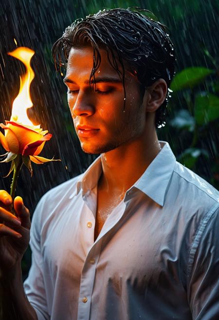<lora:add_detail:0.25>(Medium Shot) A handsome young man, dressed in a soaked white shirt, delicately holds a rose burning in flames in a heavy rain. Drops of water fall on it, contrasting with the vibrant fire of the flower. His serene face admiring the rose, eyes slightly closed, mouth half open, is illuminated by the warm glow of the flaming rose. The light from the fire accentuates his features as he gazes with fascination at the flower burning in his hand. The contrast between the rainwater and the fire of the rose creates a dramatic and captivating atmosphere.
 ((masterpiece)) ((best quality)
 ((masterpiece)) ((best quality) <lora:attractive_v2:0.15> <lora:extremely_detailed_v2:0.25>