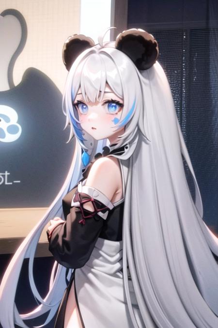 1girl, solo,  (Li Dousha), blue_eyes, white hair, panda ears, [[blue hair]],   long hair, star \(symbol\) on face,  streaked hair,  [[upper body]],  <lora:Dousha:0.66>, shadow_lee,  