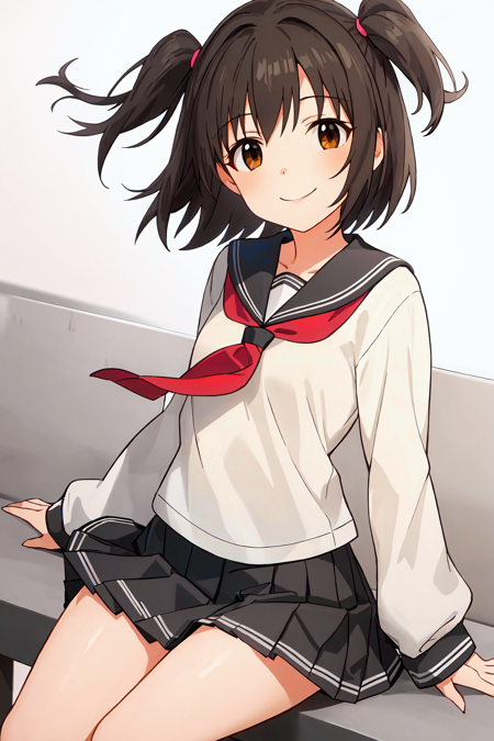 masterpiece, best quality,
1girl, solo, black hair, short hair, two side up, brown eyes, small breasts, smile,
serafuku, pleated skirt, sailor collar,
sitting, wind,
cowboy shot, looking at viewer,
white background, simple background
<lora:miriaLora-000007:0.8>