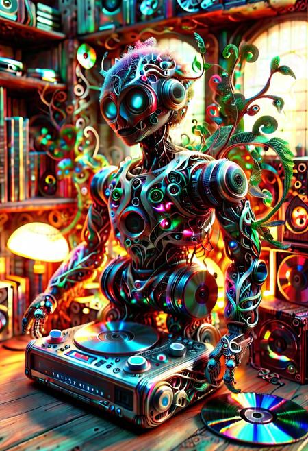 auralora, Fractangles, ral-frctlgmtry, fractal-flame, fractalex, fractalvines, PG-TR. A nostalgic scene: A (vintage CD player robot:1.5) sits atop a dusty wooden shelf, glowing from inside, motionblur, surrounded by stacks of worn-out jewel cases, each containing a prized collection of CDs. The warm glow of a retro lamp made from fractal vines casts a soft light on the cluttered space, as if illuminating the memories of a bygone era. In the foreground covered in fractal vines, a few select CDs are arranged in a deliberate pattern made of cd's made out of fractangles, like a fractal, symbolizing the beauty and complexity of the music that once filled these discs. Sharp details, looking at the viewer, good mood, cheerfulness,