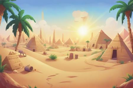 background Desert Oasis: Sandy dunes, palm trees, shimmering mirages, nomadic traders, ancient pyramids, scorching sun., v3rd, flatee, <lora:BACKTOON_0.1_RC:0.6>