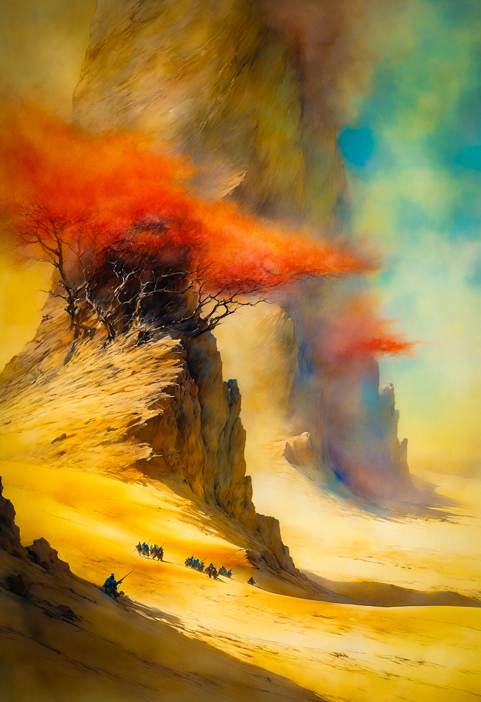 A group of people riding horses through a sandy desert landscape with a mountain in the background and a vibrant orange tree.