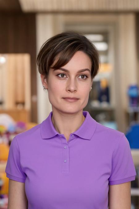 face closeup, woman in a purple polo tee, at a toy shop, pixie cut, bangs, soft colors, bokeh, masterpiece, high quality, (high detailed skin:1.1)
<lora:brie_larson_lora_v01:1> brie89