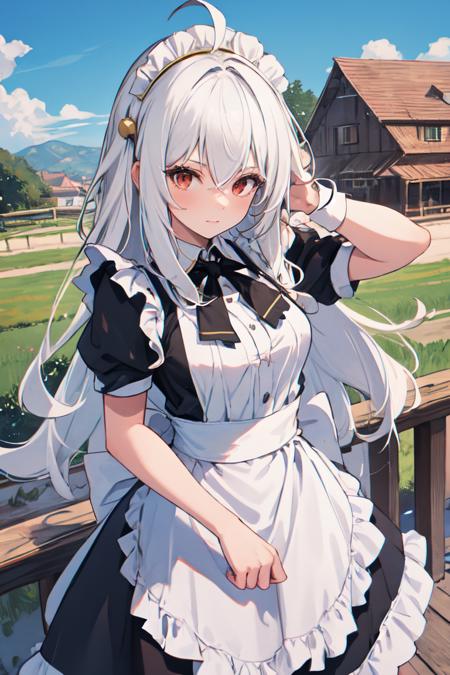 1girl, solo, ninym ralei, ahoge, long hair, hair ornament, long hair, medium breasts, maid, maid headdress, maid apron, 
cowboy shot, outdoors, eye focus,