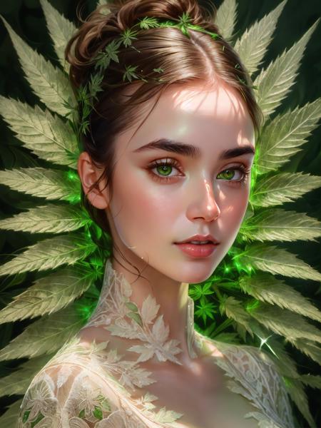 photo, 8k portrait of beautiful lili with brown hair and brown eyes, intricate, elegant, highly detailed, majestic, digital photography, art by artgerm and ruan jia and greg rutkowski surreal painting green marijuana leaf filigree, broken glass, (masterpiece, sidelighting, finely detailed beautiful eyes: 1.2), hdr, realistic, high definition