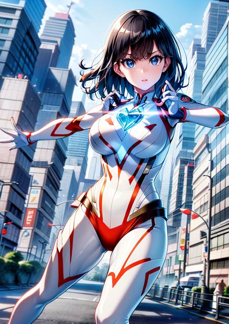 (((ultraman bodysuit with white and red geometric pattern, white and red plaid pattern, pattern, heart,skin tight,gem, heart gem on chest))),
