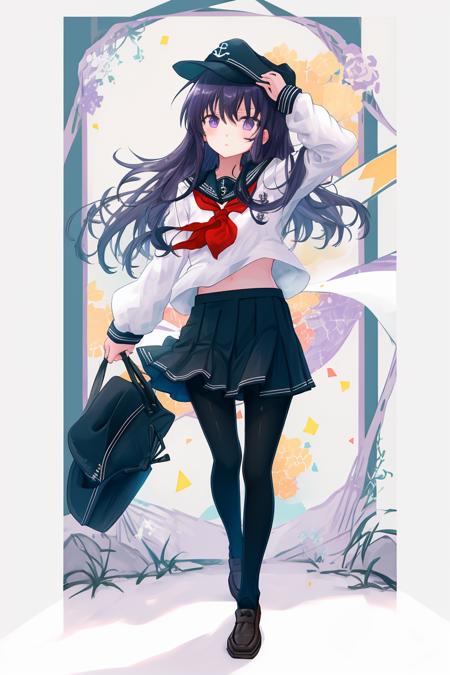 masterpiece, best quality,1girl, solo, long hair, akatsuki, hat, pantyhose, school uniform, serafuku, skirt, purple eyes, hair, black pantyhose, neckerchief, purple eyes, red neckerchief, pleated skirt, anchor symbol, looking at viewer, shoes, flat cap, loafers, standing, full body, <lora:xiao:1>