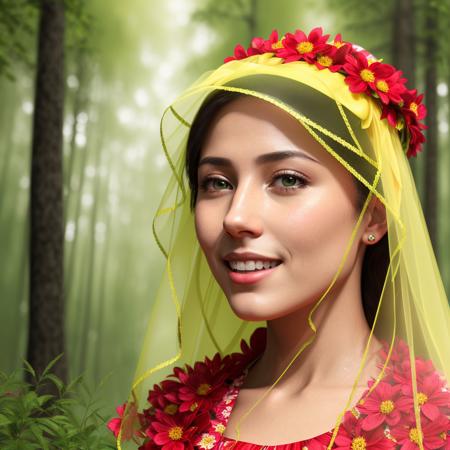 center of view for a smiling woman in a yellow and flowers outfit with a veil on her head and a green and(( red veil)) on her head, Anthony Devas, a highly detailed digital painting, a detailed painting, photorealism, rain background, green forest
