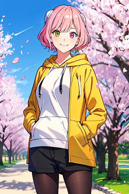 aries_spring pink hair, short hair, (hair ornament, heterochromia:1.5), green eyes, yellow eyes white bodysuit, pink gloves galaxy, spacecraft, starry sky