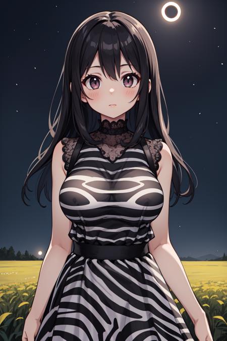 masterpiece, best quality, 1girl, upper body, looking at viewer, detailed, zebra print, dress, long skirt, standing in a field, dark colors, night, eclipse