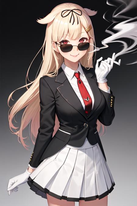 best quality, masterpiece, highres, solo, {black business suit:1.40}, {tie:1.20}, {sunglasses:1.25}, {white gloves:1.15}, {white shirt:1.10}, {black skirt:1.15}, {smoking:1.20}, handsome, {yuudachi_kantaicollection:1.15}, long_hair, blonde_hair, ribbon, hair_ribbon, hair_flaps, hair_ornament, red_eyes, hairclip, black_ribbon, smile, blush, serafuku, breasts