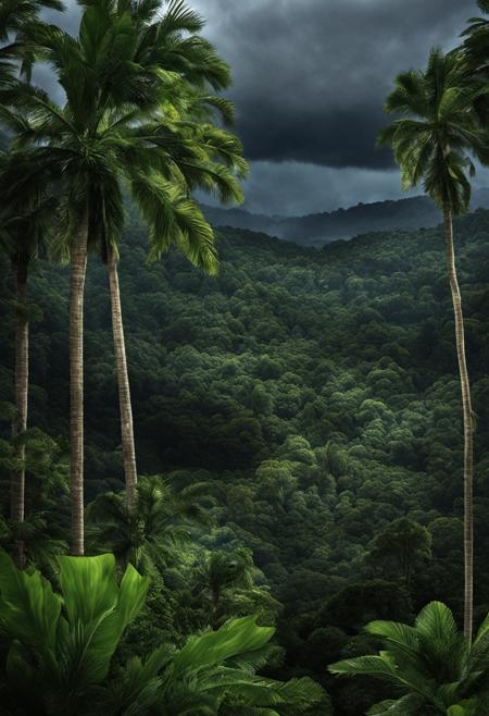 photograph of  tropical forest,  storm , at  evening , grand composition, masterpiece, national geographic, nature, 8k, highly detailed, nikon, dslr, hdr, 100-400mm lens, composition, best composition, classic, Landskaper
