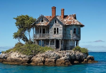 An old and rickety 2-story house on an island in the middle of the ocean, close to the coast. The weather is a clear day with few clouds. The sea water is blue and crystal clear.