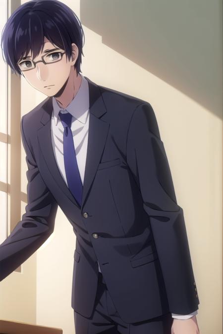 narumikanai, <lora:narumi kanai s1-lora-nochekaiser:1>,
narumi kanai, black hair, male focus, glasses, (black eyes:1.5),
BREAK necktie, formal, suit,
BREAK indoors, classroom,
BREAK looking at viewer, (cowboy shot:1.5),
BREAK <lyco:GoodHands-beta2:1>, (masterpiece:1.2), best quality, high resolution, unity 8k wallpaper, (illustration:0.8), (beautiful detailed eyes:1.6), extremely detailed face, perfect lighting, extremely detailed CG, (perfect hands, perfect anatomy),