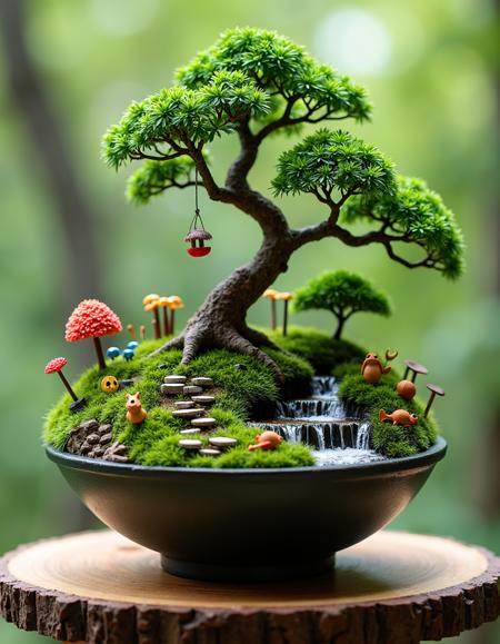 Bonsai world where an entire miniature ecosystem thrives in a shallow bowl, complete with tiny animals and weather systems, Inspired by terrariums and Miyazaki's micro-scenes, Highly detailed miniature landscape with multiple biomes, varied palette reflecting diverse environments in microcosm, intricate, complete, small world