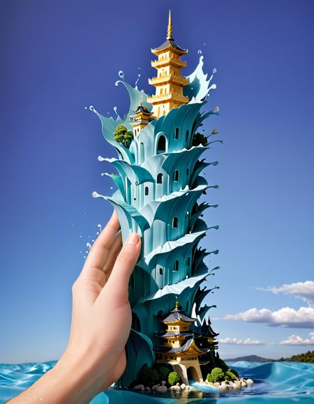 Kirigami representation of <lora:FF.105.duchaitenAiartSDXL_v20.LyCORIS:1> a hand is holding a piece of plastic in the shape of a tower, water art manipulation, water manipulation photoshop, water art photoshop, creative photo manipulation, surreal water art, photoshop water art, photo manipulation, flooded tower, 3 d epic illustrations, amazing water art, surrealistic digital artwork, photo - manipulation, mind-bending digital art, colossal tower <lora:FF.111bbbSDXL_bbbBetaV2.LyCORIS:0.5> . 3D, paper folding, paper cutting, Japanese, intricate, symmetrical, precision, clean lines