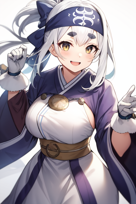 ainu, white hair, bandana, large breasts, folded ponytail, smile, open mouth, bow, thick eyebrows, gloves