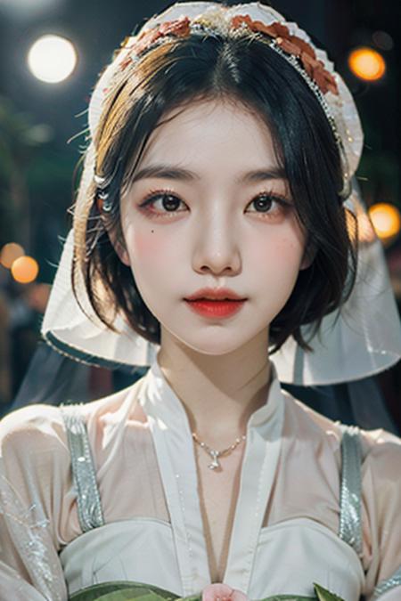 green eyes, short silver hair, white robe, fov, f/1.8, masterpiece, (veil, mouth veil), blood moon, night, flower petals flying, front portrait shot, side light, moonlight shining on people, 8K <lora:tangStyle26:0.6> <lora:My Girl:0.3>