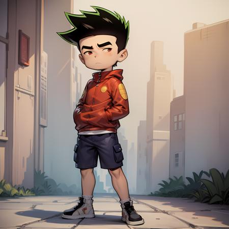 jake long black hair red jacket thick eyebrows spiked hair shorts