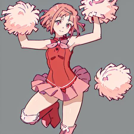 Noredo_Nug, 1girl, short hair, red dress, solo, short hair, hair ornament, pink hair, red boots, white bow, sleeveless, pink eyes, knee boots, cheerleader,forehead jewel,frill