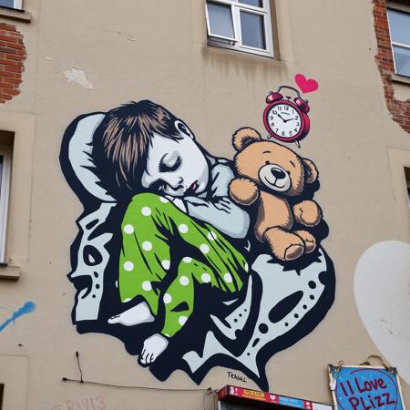 style of banksy, heartwarming mural, child sleeping peacefully, torn blanket, bright green pants with white polka dots, light blue shirt, teddy bear, "I love Plzen" on teddy bear's foot, floating whimsical alarm clock, peeling paint, child blending into wall, realistic style, serene expression, textured details, urban building, windows and brickwork, raw context, imaginative artwork