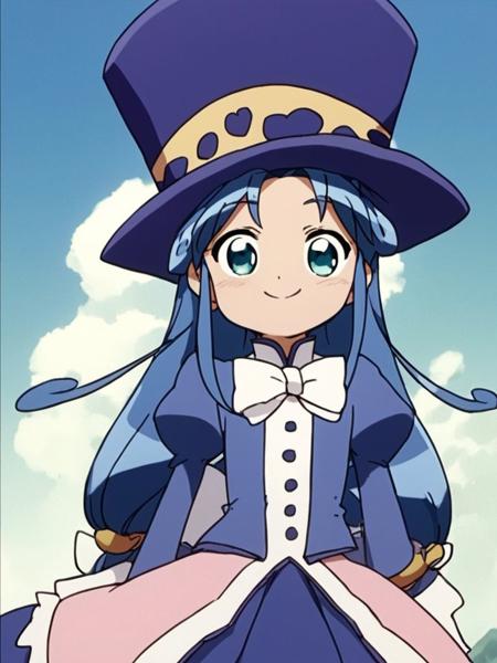 rein, 1girl, solo, blue hair, long hair, green eyes,  rein, 1girl, solo, hat, blue hair, top hat, long hair, pantyhose, green eyes, white pantyhose, skirt, smile, open mouth, low-tied long hair, bow,