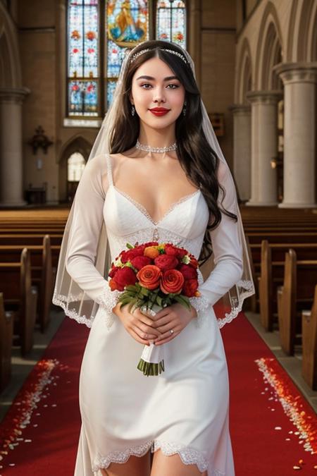 a (pitch black haired pale woman with blue eyes, standing holding red roses in her hands) with a bright smile in her red lips and party makeup BREAK
wearing a (floaty sheer white wedding dress with a long bridal veil), revealing cleavage cutout with long sleeves and high neck, delicate headband and stockings, diamond necklace earrings and bangles BREAK
in a large church alter with golden furniture and (bright colors  vitral windows), large columns  and rows of wooden chairs BREAK
at day time, (very bright sun  rays with flower petals covering the ground), dolly zoom, dutch angle, sharp focus, intrincate details, lens flare