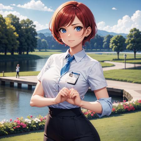 ballroom dancing, woman, man, breathtaking farm fields background, grass, cottage, river, sunny BREAK woman, blue blouse with pocket, buttons, id card badge, short blonde hair, blue eyes BREAK man, long red hair, brown eyes, medical face mask, white coat, tie <lora:ballroom_dancing_01-000010:0.4> <lora:woman_with_apple_01-000008:0.6>