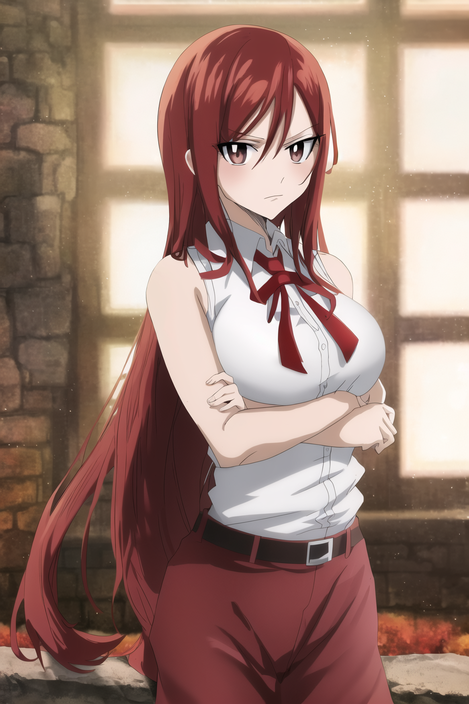 erza, fairy tail, anime art style, 1girl, solo, long_hair, breasts, looking_at_viewer, shirt, ribbon, brown_eyes, white_sh...