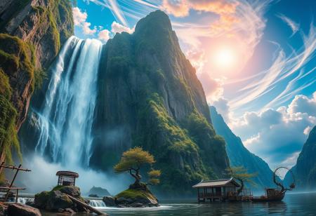there is a tall waterfall, majestic water fall, the water fall is coming out of a mountain, Chinese mountains, there is moss growing on the mountains, small bonsai trees on the mountain, water mist, sun in the sky, sun behind clouds, water basin at base of cliff, small hut at base of cliff, small hut next to water fall, fishing rack, fishing polls, basket, fishing spot on shore, shore, clouds, swirling, vivid colours, blue, orange, pink, sky, ancient, overgrown, landscapes, intricate details, background colourful, cloud streams, dynamic, vibrant colours, high quality, detailed, realistic, beautiful, extreme detail, hyper realistic, dynamic light, expressive, digital media (artwork), hi res, masterpiece, RAW, photo, 8k, very sharp, very detailed, realistic, real, cinematic view, shaded, detailed shading, shading,