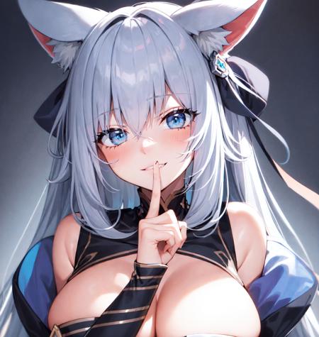 close up, face focus, upper body, 1girl, fox ears, blue eyes, shushing, evil smile, large breasts
<lora:Concept_Shushing:1>