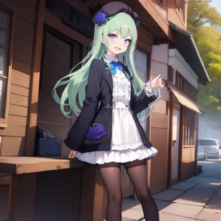 1girl,solo,best_quality,masterpiece,green_hair,(purple_eyes),(very_long_hair),bangs,((beret)),blue_rose,dress_shirt,(black_jacket),frills,collared_shirt,outdoors,forest,trees,blue_sky, black_headwear,blue bowtie, long_sleeves,collared shirt, sitting,skirt,white_skirt,black thighhighs,smile,:D,open_mouth,open_clothes,center_frills,frilled_skirt,white_skirt,ennafol,generaloutfit
(long_hair),blue_flower,hair_flower,((blue_rose)),center_frills,looking at viewer, <lora:ennafol_v1-000009:.8>, <lora:GoodHands-vanilla:1>,chair,table