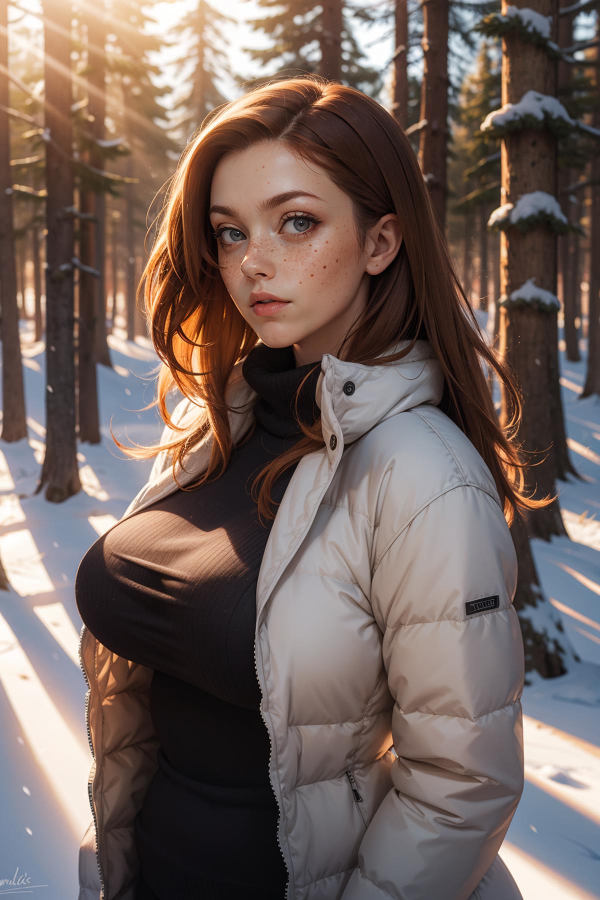 A woman with brown hair and a white jacket standing in the snow.