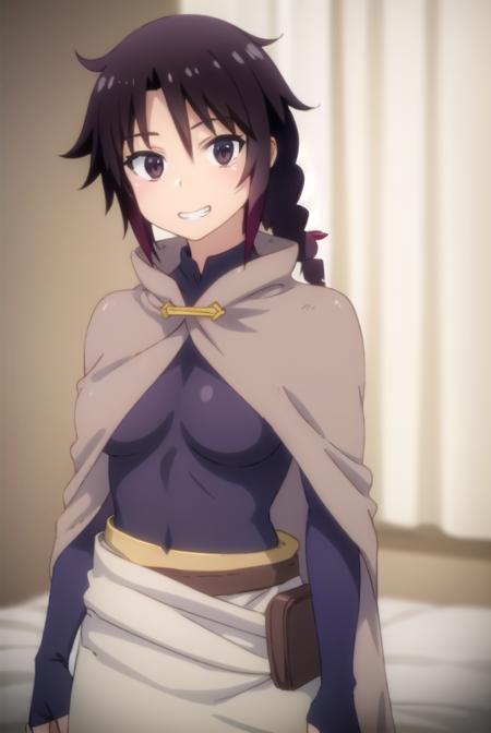 reviewerstunk, <lora:reviewer stunk female-lora-nochekaiser:1>,
stunk, long hair, black hair, (brown eyes:1.5), braid, single braid, smile, grin,
BREAK cape, bodysuit, covered navel, cloak,
BREAK indoors, bed,
BREAK looking at viewer, (cowboy shot:1.5),
BREAK <lyco:GoodHands-beta2:1>, (masterpiece:1.2), best quality, high resolution, unity 8k wallpaper, (illustration:0.8), (beautiful detailed eyes:1.6), extremely detailed face, perfect lighting, extremely detailed CG, (perfect hands, perfect anatomy),