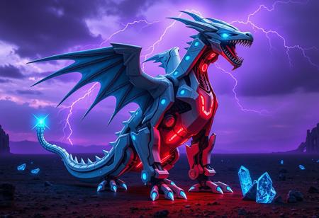 high quality, detailed, beautiful, masterpiece, correct anatomy, anatomically correct, realistic, mecha, mechanical dragon, machine, aero dynamic, neon blue mechanical joints, neon blue eyes, glowing eyes, glowing blue wings, neon blue glowing teeth, neon blue glowing horns, neon blue glowing claws, tail, narrow waist, wide hips, white metal armour, glowing red metal armour under belly, intricately detailed metal armour,
the mecha resembles a dragon but it has a sleek design with very little curves, the mecha is standing on its hind legs with its arms raised as if it were to slam the ground, the mecha neck is arching back with its head facing the viewer, the mecha is looking at the viewer and is roaring , the mecha is making its presence known, the mecha looks fierce, imposing, awesome, its tail is swaying, dynamic pose, the mecha is very well built, dark sky, cloudy, lightning arching in the clouds, purple haze, wasteland, dark earth, neon blue glowing crystals, large crystals, rocks, craters,