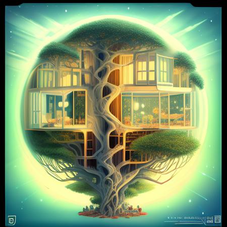 a photo of the nice Isometric_Dreams, a painting of a tree inside a window with a view of a forest and a pond below it, with a lamp on a table