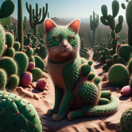 Cat, jungle and desert, <lora:Prickly Pear Style v1:1>, Prickly Pear Style,