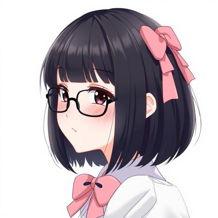 Black hair,  short woman, fringe hairstyle, bob hairstyle, anime, black glasses, pink bow