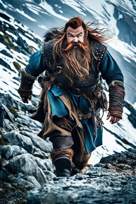 cinematic photo, western fantasy,Determined dwarf adventurer on a treacherous mountain path, Struggling against harsh winds, Cinematic composition capturing his resilience amidst the elements, Contrast between his sturdy form and the wild landscape, Focal length 85mm, aperture f/2.5, ISO 200, shutter speed 1/250.