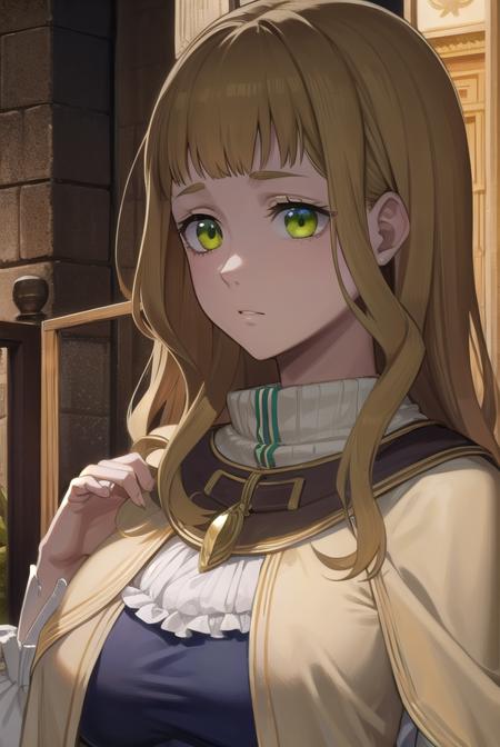 mimosa vermillion, brown hair, (green eyes:1.5), blunt bangs, bangs, medium hair, wavy hair, dress, capelet, long sleeves,