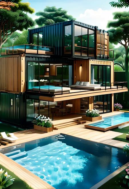 (masterpiece), (high quality), best quality, real, (realistic), super detailed, (full detail), (4k), 8k, Container House, exterior design, minimalist style, wood, glass and steel structure, modern architecture, clean lines, simple shapes and a strong attention to functionality, tree, flower garden, swimming pool, in front of the house