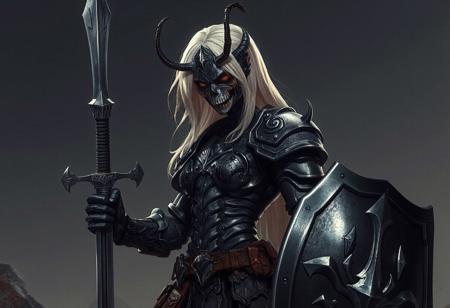 A sexy blonde Skullknight in dark souls-inspired black armor, with a sword and shield, is depicted in a detailed, anime-style artwork. The Skullknight, resembling the Lord of Cinder, has a spoon-like slim figure and wears lamellar armor. Set against a spacious background, the anthro character exhibits insect-like features. The hyper-realistic, 8K render boasts golden ratio proportions, intricate details, and dim volumetric lighting, showcasing the character's spines, nerves, and veins. This artwork is trending on ArtStation, reflecting the styles of renowned artists like Thomas Kinkade, Ellen Jewett, Krenz Cushart, and Beeple.