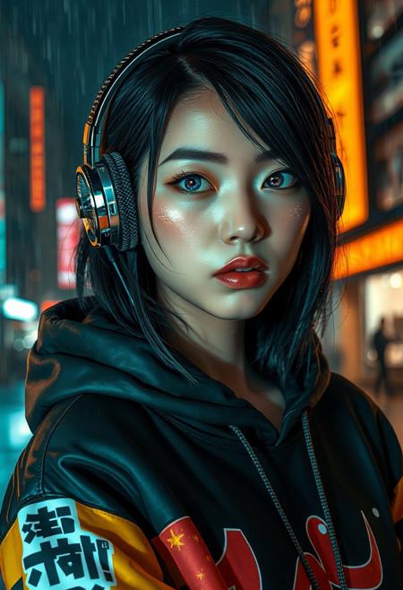 A 4K photorealistic picture of a Half-Japanese female hacker. More Caucasian with freckled nose and cheeks. Teal lipstick. Aged 28. Cyberpunk clothing. Hi tech chrome and carbon fibre one eared headset. Bold graphic styled Hoodie with Japanese lettering down a sleeve and a bold golden stripe down each sleeve   The girls eye pupils have swirling Galaxy of stars and specks floating in a nebula pattern   Posed in front of a Rainy city at nite