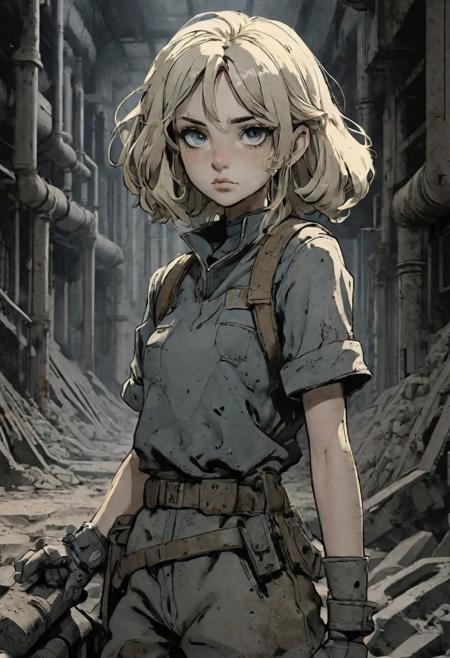 sfw, anime, 2d, thick lines, ink style, dim light, natural backlighting, in a dark smoky old bunker from 1940, brutalist, cement, concrete, steel pipes, aluminium ducts, dirty, greasy, rusty, illustration drawing of a  platinum blond gothic mecanics girl, 18 yo, (handling a wench:1.5), (fixing a mechanic motor:1.5), (black thighighs:1.5), (short white miniskirt:1.5), (black mini croptop:1.5), (iron collar:1.5), (bangles:1.5), (black leather aviator goggles:1.5), small perky breasts, round hips, big ass, fat thighs, bob haircut, middle parted, short pointy front bangs, haunted sinister expression, slightly parting lips, detailed face, intricately detailed, dramatic LUT