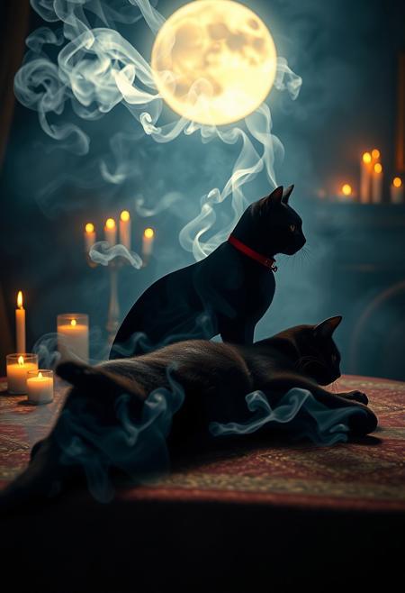 A mesmerizing image of smoke lit with a heavenly light elegantly forming a lifelike cat silhouette sitting on a table next to the prone lifeless body of a black cat with a red collar. The intricate details and vibrant colors of the cat, along with the perfect balance of smoke density and airiness, create an incredible visual effect. The background reveals a mystical or enchanted setting, possibly a dimly lit room with candles, a burning incense, and a moonlit sky. The combination of photo, illustration, 3D render, and painting techniques make this piece a true masterpiece., 3d render, photo, painting, vibrant, illustration.