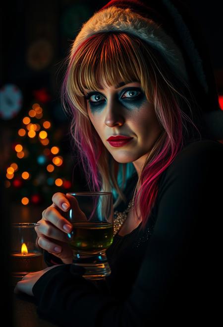 A mid-50s scary woman, British housewife with multi-coloured hair, in a dark night time dive rock bar.  Heavy gothic smeared makeup, looking at the viewer. She's at the bar. Sad and drunk. She is drinking whiskey, wearing a revealling Christmas costume with a Santa Christmas hat. Fairy lights and Christmas tree. Low key lighting. Dark shadows. Cinematic style cyan and orange. Rembrandt Lighting style, partially covered in shadow. soft vignette,  Mechanical vignetting, horror scene, dark rooms, girl, gore